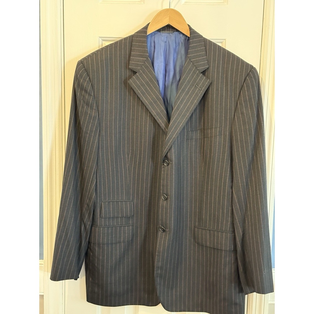 Richard Bennett 44L Grey Brown Strip Custom Tailored Blazer Ticket Pocket Luxe